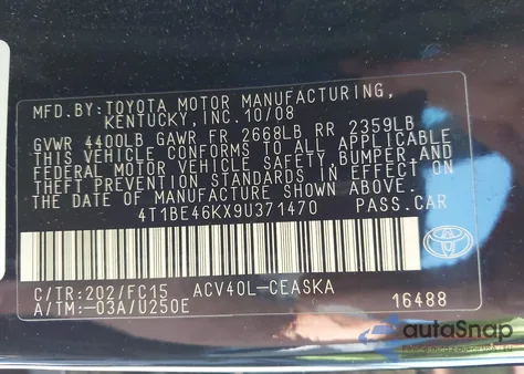 2009 Toyota Camry Se z USA, uszkodzony, nr VIN 4T1BE46KX9U371470
